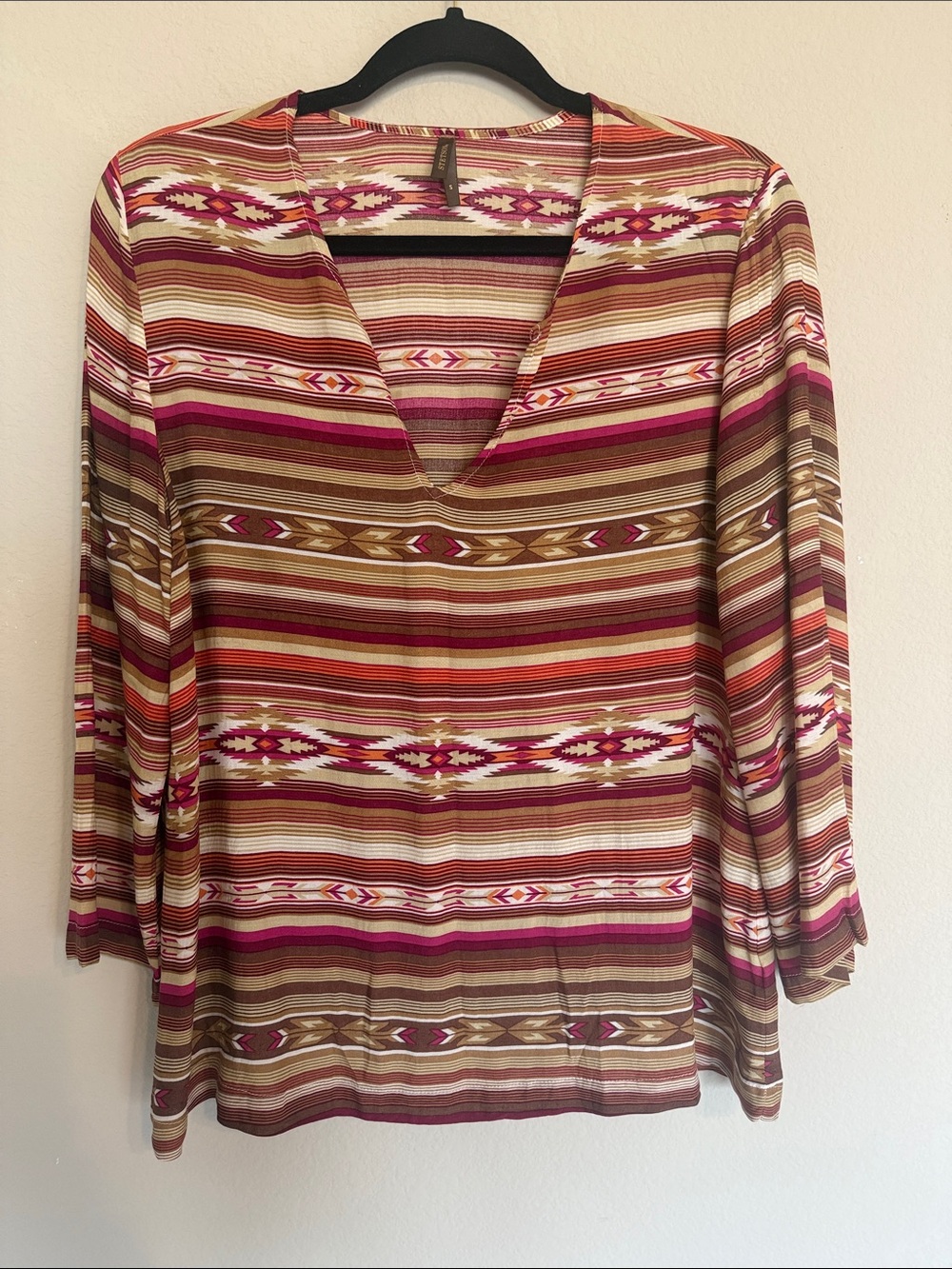 Stetson Striped Aztec V-Neck Tunic in Pink, Brown & Cream